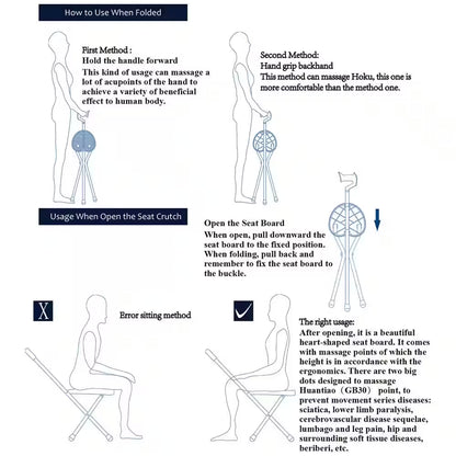 Lightweight Adjustable Folding Cane Seat Aluminum Alloy Crutch Chair with Light