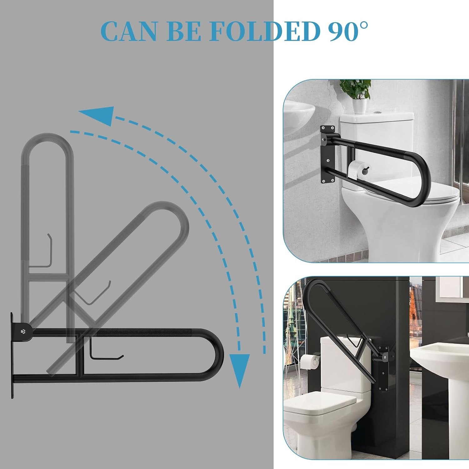 Toilet Grab Bar 32 Inch Black,  Anti-Slip Handicap Grab Bars with Paper Holder, Flip-Up Bathroom Safety Rails, Stainless Steel Knurled Support Handrails for Seniors Elderly Disabled Pregnant