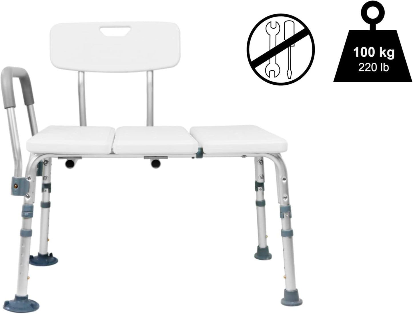 Tub Transfer Bench for Bathtub, Shower Chair with Backrest, Slip-Resistant Feet, Height Adjustable, White, Shower Bench Shower Seat for Elderly and Disabled