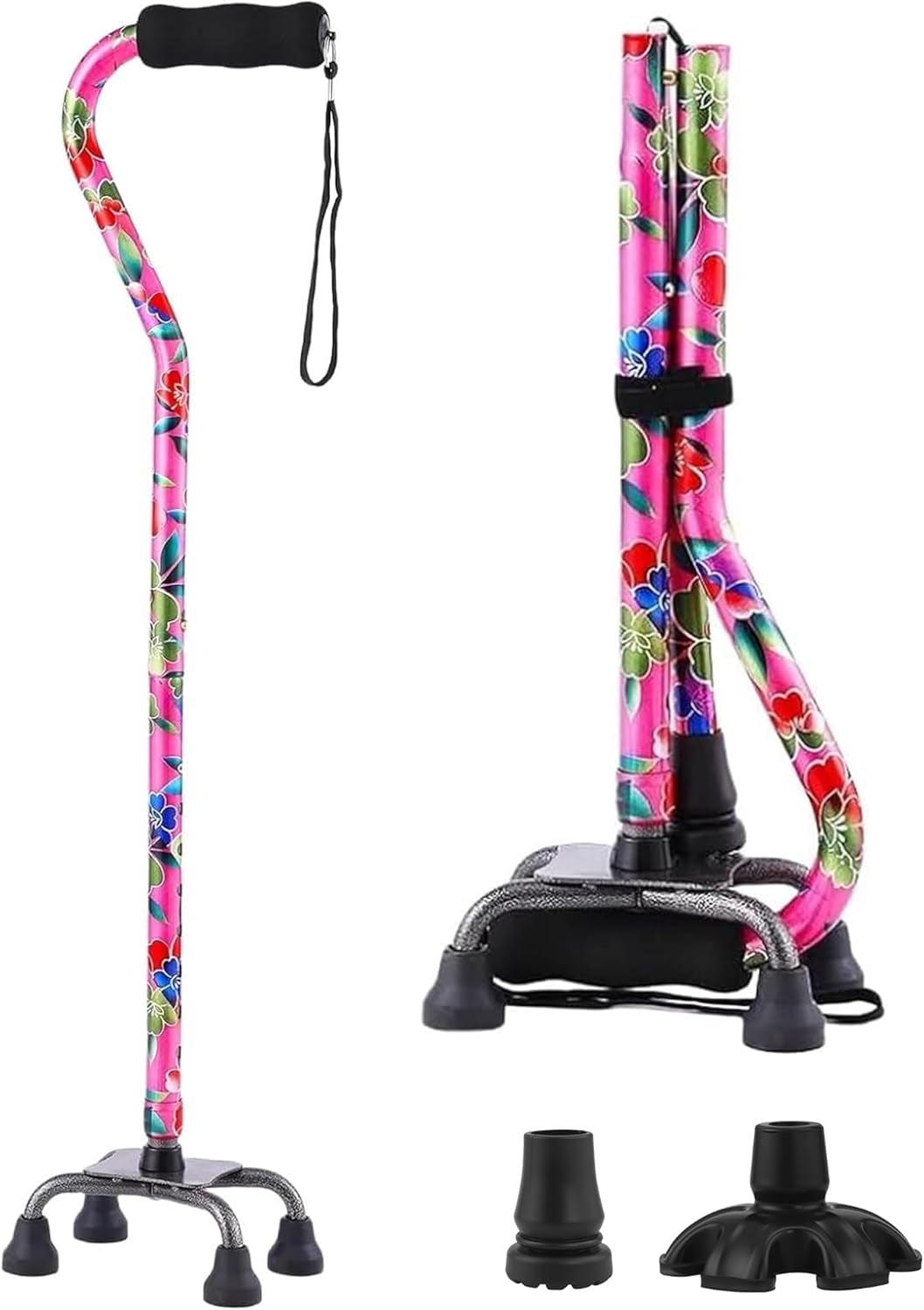 Floral Quad Cane for Women, Adjustable Walking Canes with 3-In-1 Interchangeable Base(3 Tips) for Versatile Support, Stylish & Stable Mobility Aid for Seniors Confidence