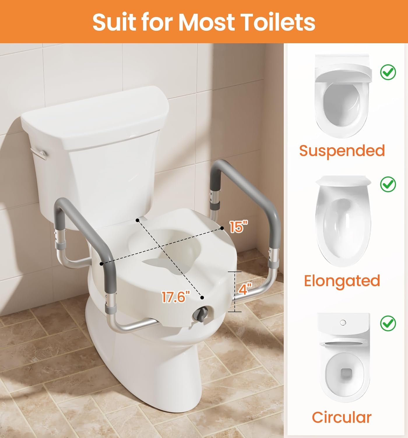 Toilet Seat Risers for Seniors, Adjustable Width & Height, 300 Lbs | Removable Padded Handles, Elevated Raised Toilet Seat for Elderly, Handicap, Fits Most Toilet, Dual-Locking System