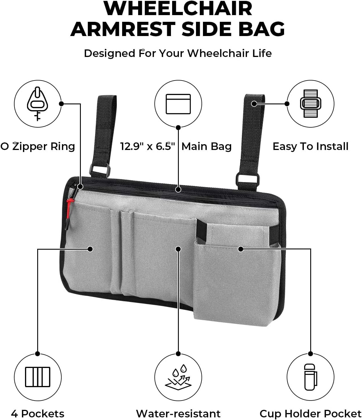 Walker Side Bag, Wheelchair Armrest Storage Pouch with Cup Holder, Wheelchair Accessories for Seniors, Walker Bag Cup Holder for Walker, Rollator, Electric Scooter or Wheelchair