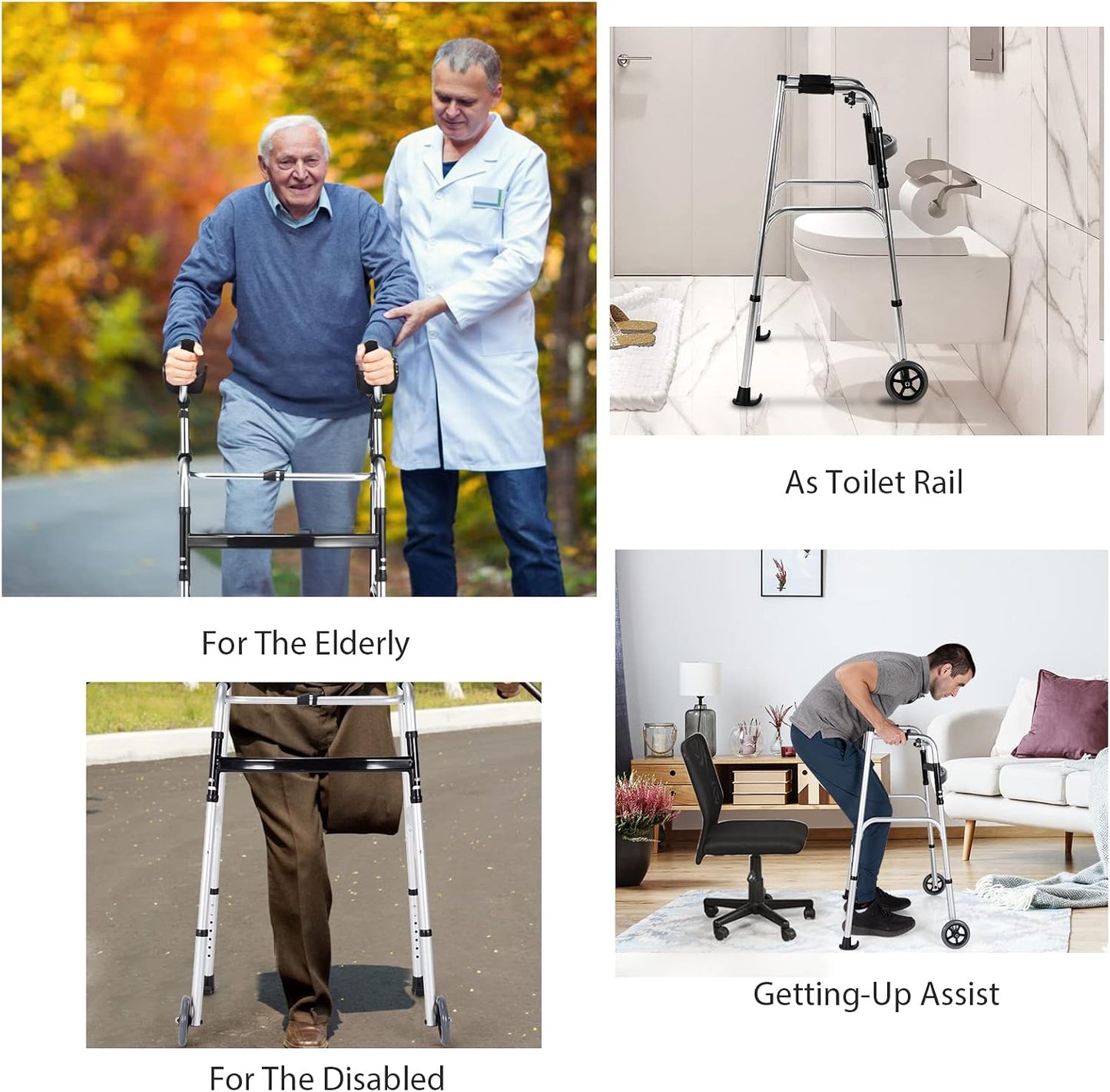 Walkers for Seniors, Foldable Standard Walker with 5’’ Wheels and Removable Padded Armrests 220Lbs, Lightweight Walking Mobility Aid, Folding Platform Walker for Elderly, Handicap, Disabled